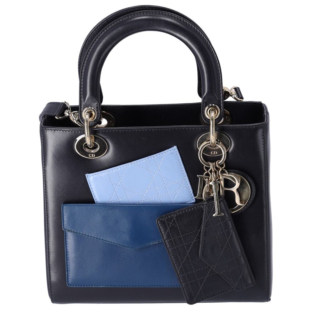 Christian Dior Lady Dior Medium Bag Handbag Black Blue Calf Skin